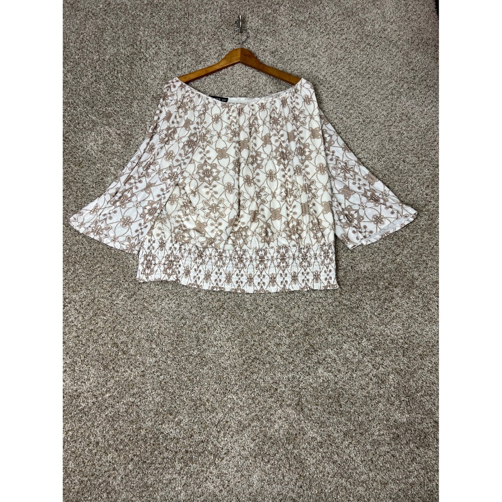 Harper 241 Womens 2X Off Shoulder Blouse Brown White Medallion Smocked Top